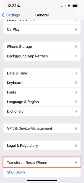 Transfer or Reset iPhone Tab Screenshot