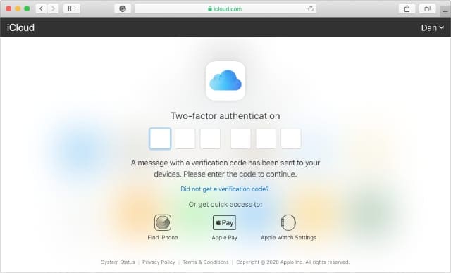 Two-Factor Authentication window for iCloud website