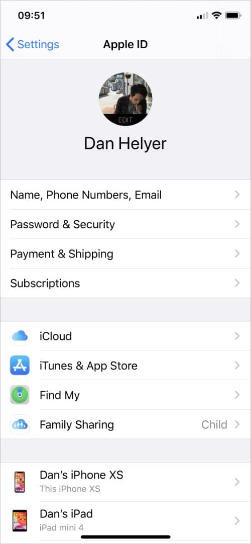 iPhone Apple ID settings
