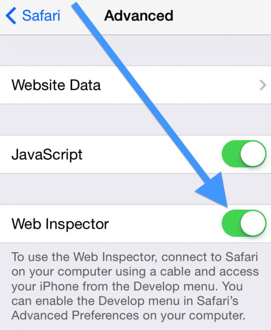 Safari web inspector on iOS device