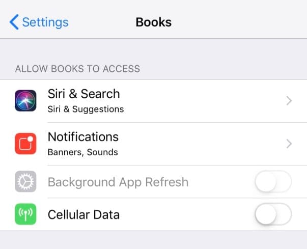 turn cellular data off for Apple Books iOS