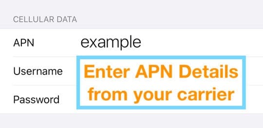 APN Details in Settings User Name and Password