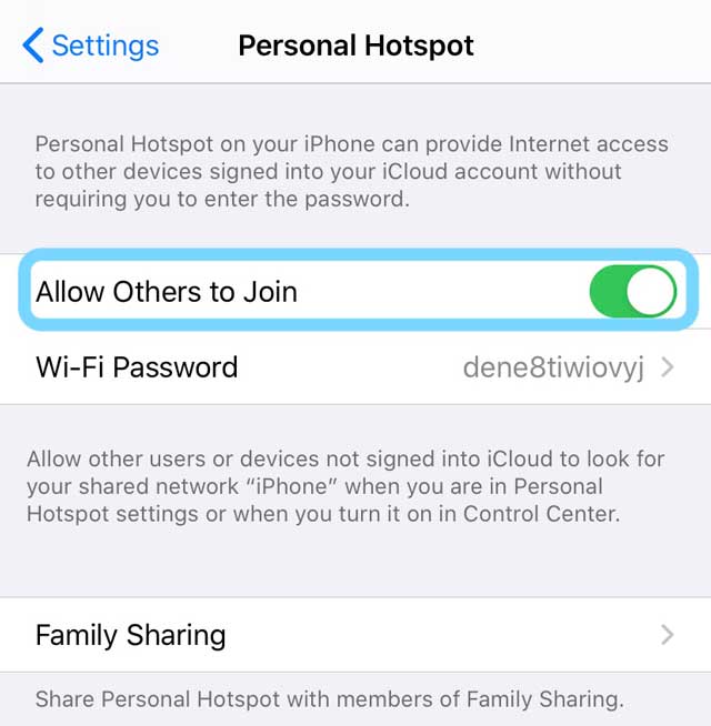 personal hotspot settings iOS 13