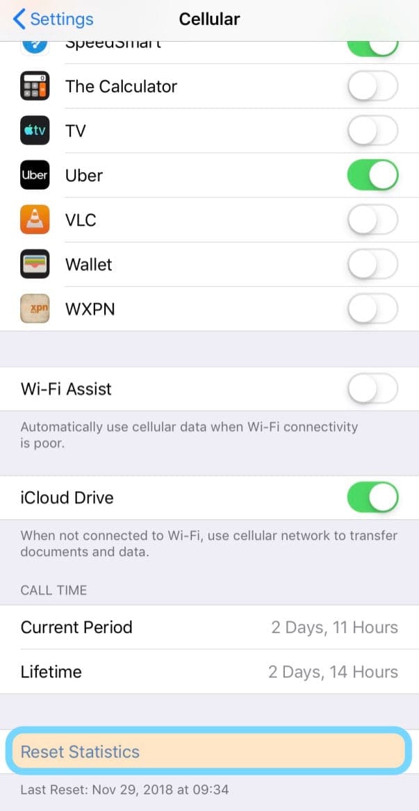 reset statistics for Cellular Data or Mobile Data on iPhone