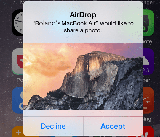 Подсказка AirDrop о получении iOS