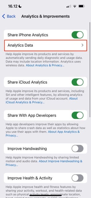 Select the Analytics and Data tab on your iPhone