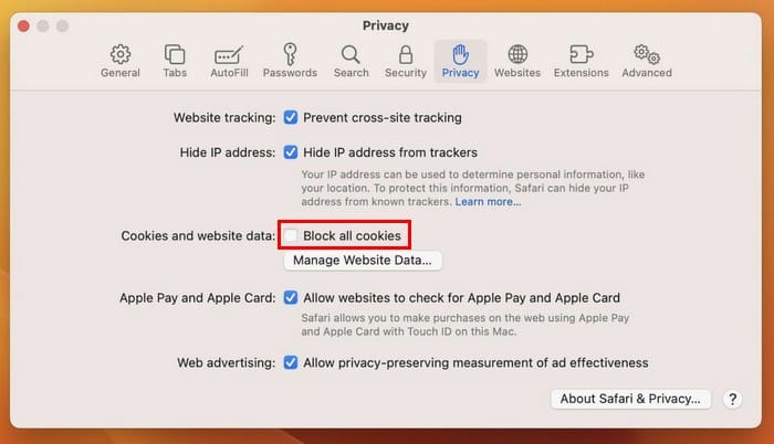 Block all cookies on Mac