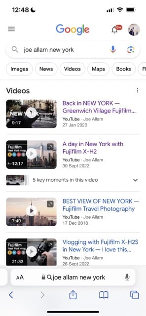A Google search result with multiple YouTube videos