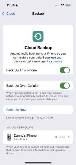 Choose Back Up Now for iCloud in iOS Settings