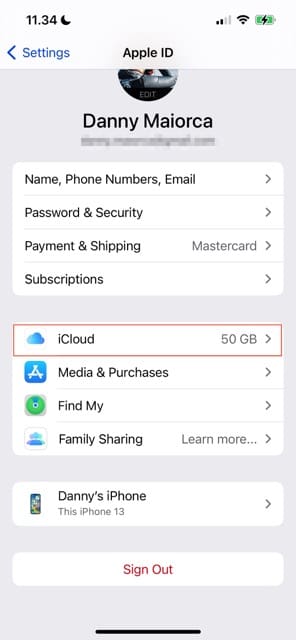 Click on your iCloud tab in Apple Settings
