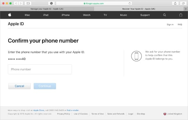 Confirm your phone number page from iForgot website