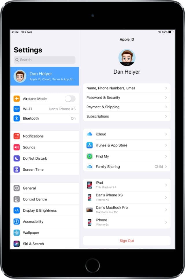 Apple ID settings on iPad mini showing iCloud account