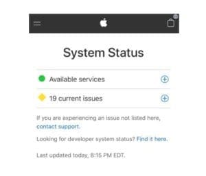 Apple System Status on an iPhone with lots of problems