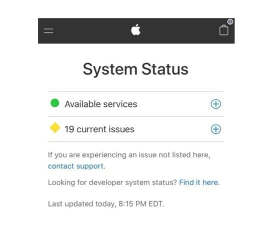 Apple System Status on an iPhone with lots of problems