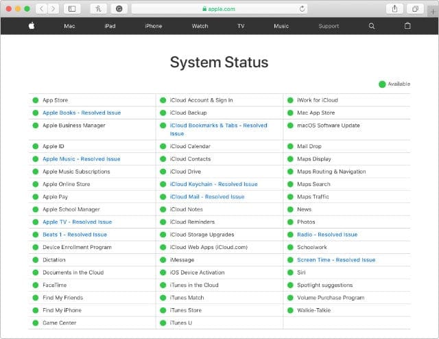 Apple System Status web page with all systems online