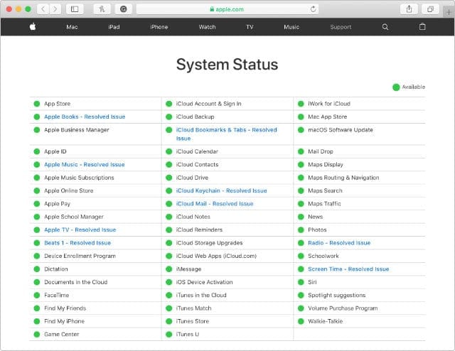 Веб-страница состояния системы Apple со всеми системами онлайн