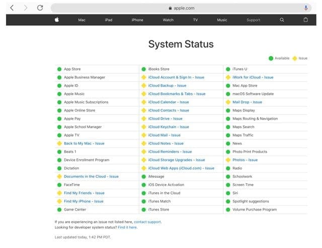 Apple System Status iCloud Issues
