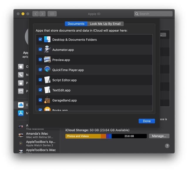 macOS Catalina and above iCloud drive options in Apple ID settings