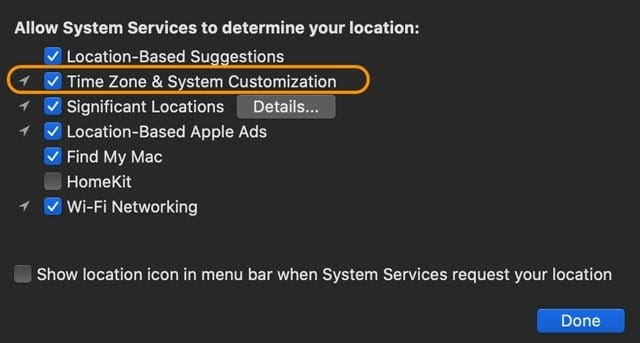 time zone locations services on Mac