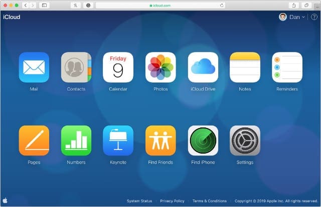 iCloud website home screen