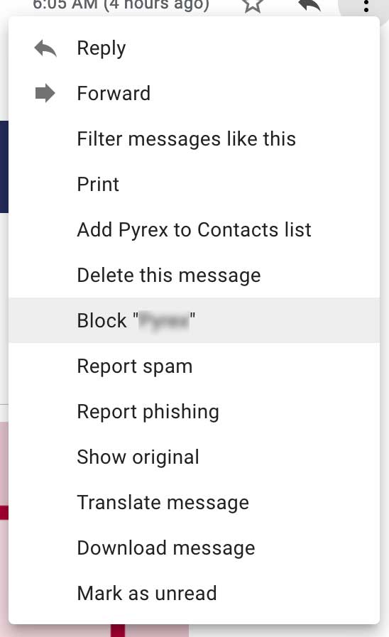 Block sender option using Gmail's website