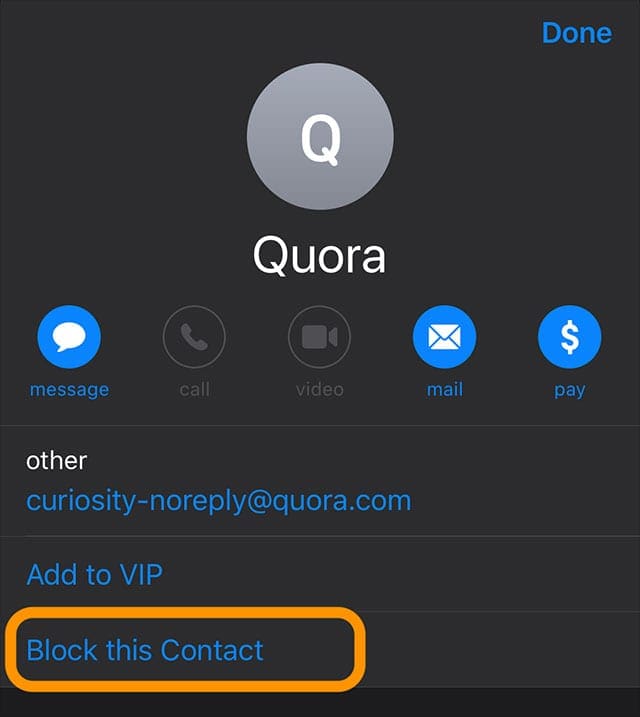 block this contact option in Mail app