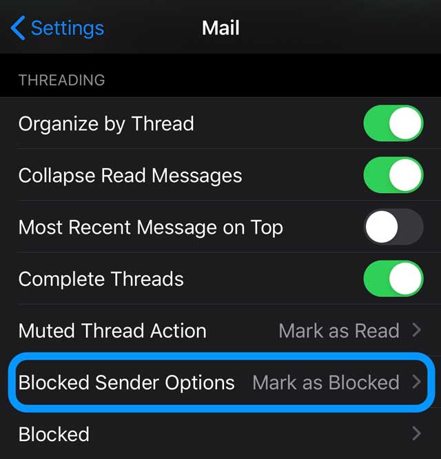 blocked sender options in Mail app iOS 13 and iPadOS