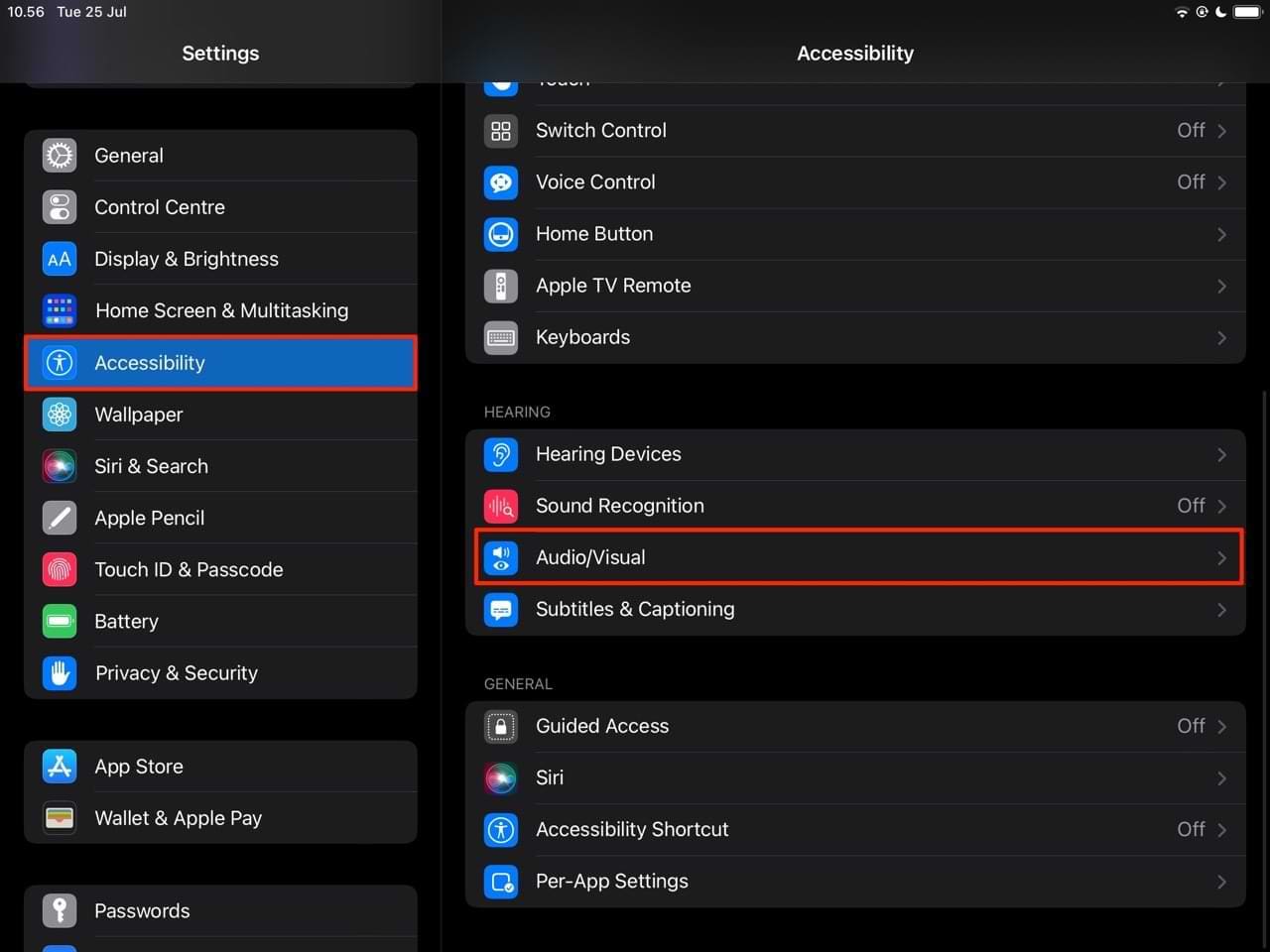 Settings to access Audio/Visual on iPadOS