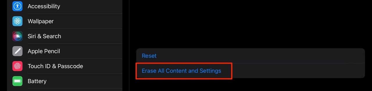 The option to erase all of your content and settings on an iPad