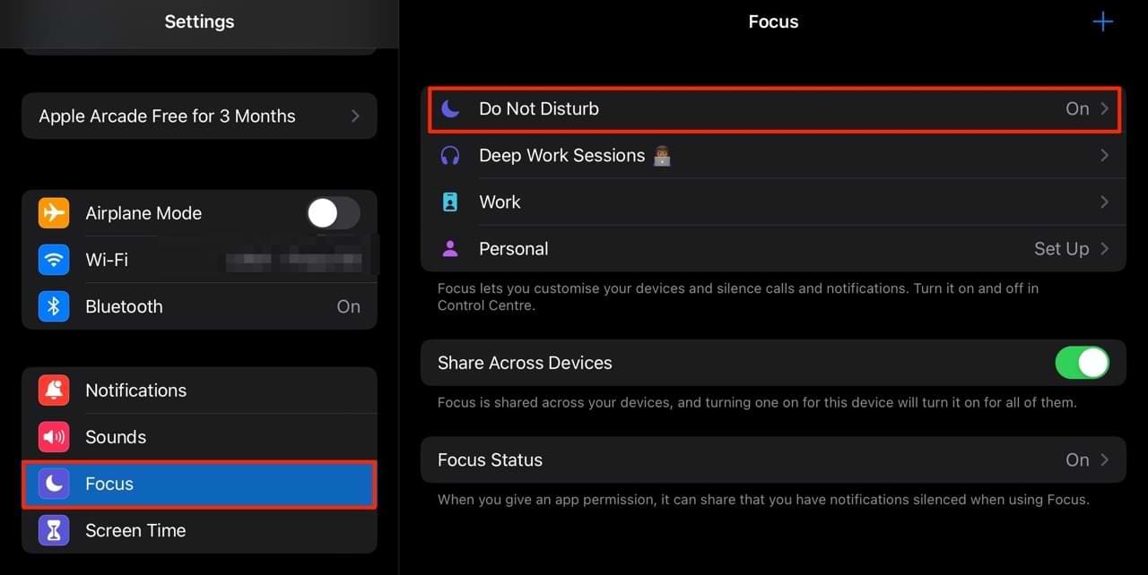 The different Focus Modes on an iPad, including Do Not Disturb