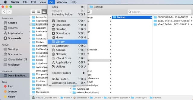 Library folder in Finder showing iTunes backups