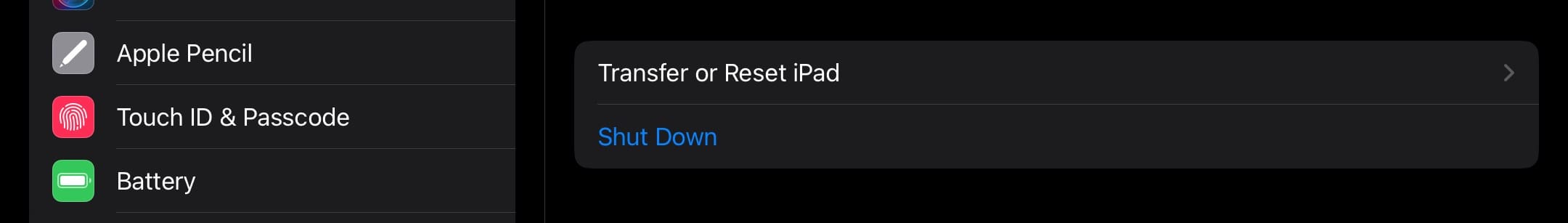 Transfer or Reset iPad option in Settings 