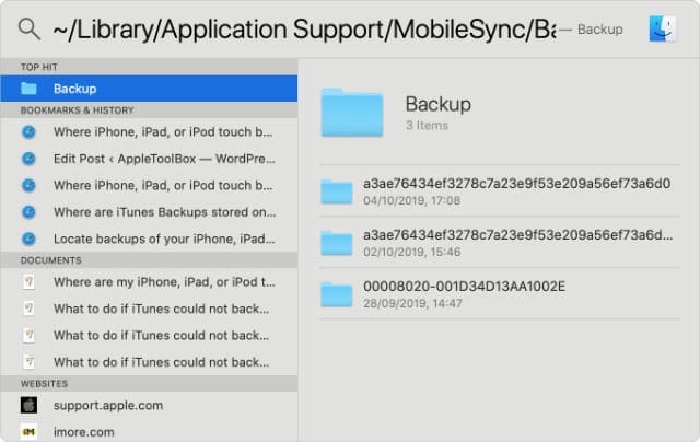 iTunes backups file path in Spotlight