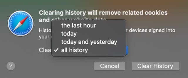 Choose how far back you want your browsing history cleared in Mac Safari