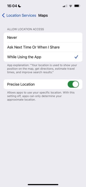 The Location Services Settings on your iPhone