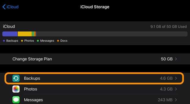 backups in iCloud storage