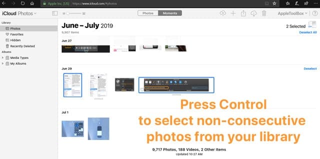 icloud.com select non-consecutive range of photos from iCloud.com on Windows PC using Control key
