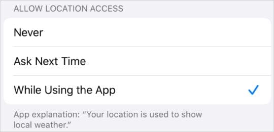 Location Services While Using the App settings for Weather