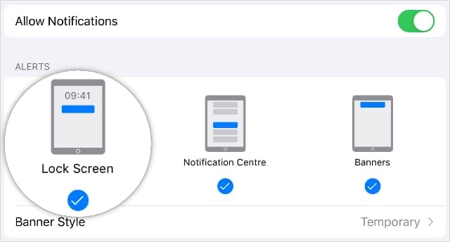 Lock Screen Notification settings on iPad