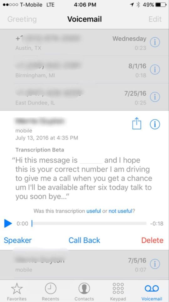 Use Voicemail Transcription feature in iOS 10