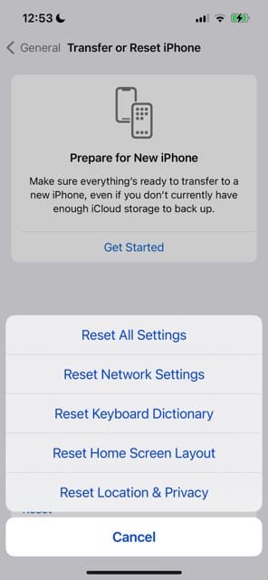 Options to reset different settings on an iPhone