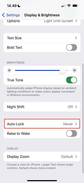 The Auto-Lock tab on an iPhone
