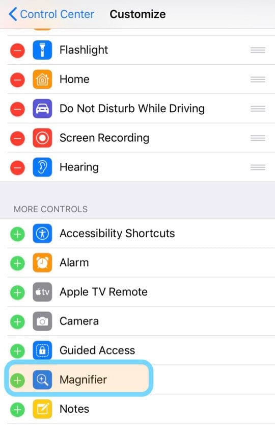 control center iPhone Magnifier feature