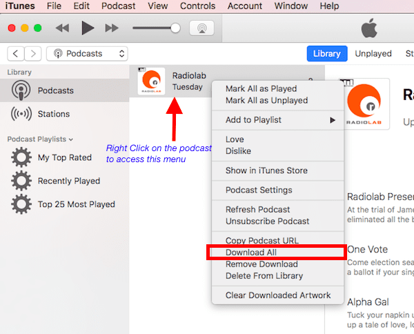 How to download all podcast episodes in iTunes