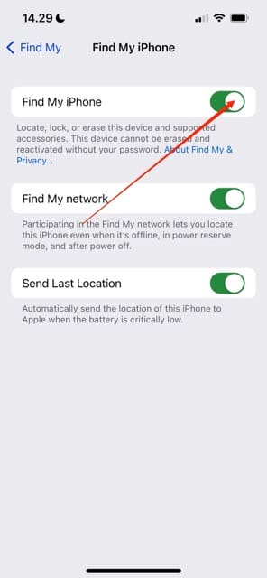 Toggle on the Find My iPhone Features