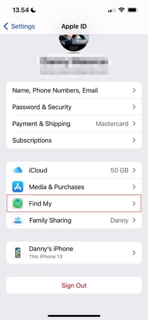 Option to access Find My settings on iOS