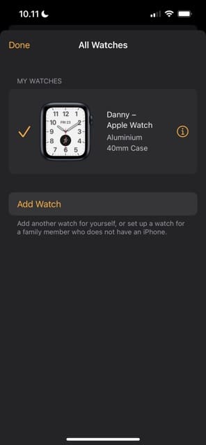 Select the information icon next to your Apple Watch in the Watch iOS app
