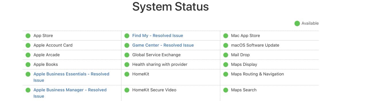 The Apple Server System Status for Books and other apps