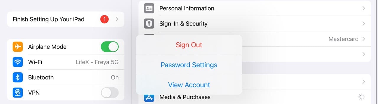 The Media and Purchases Settings on iPad