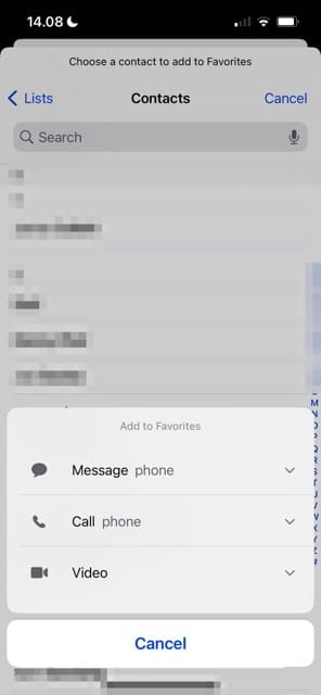 Pick contacts to add to iPhone favorites